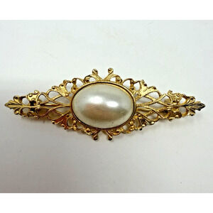 Vintage Faux Pearl Brooch Gold Tone Filigree Bar Pin Oval Statement Retro